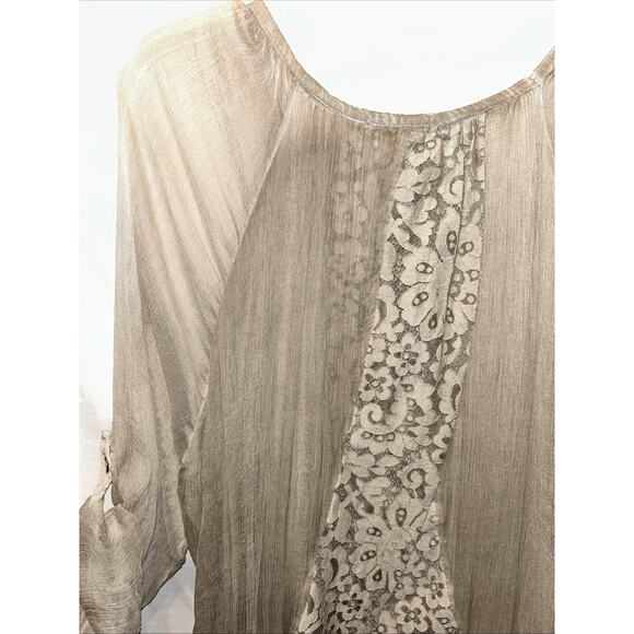 AMANTI Silk Chiffon Taupe blouse Women’s Small Lace Italy Lagenlook Quiet Luxury - Picture 12 of 15